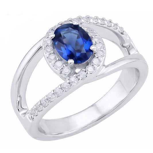 Anello ovale in oro bianco 14K con zaffiro blu di Ceylon e diamanti da 2,75 ct
