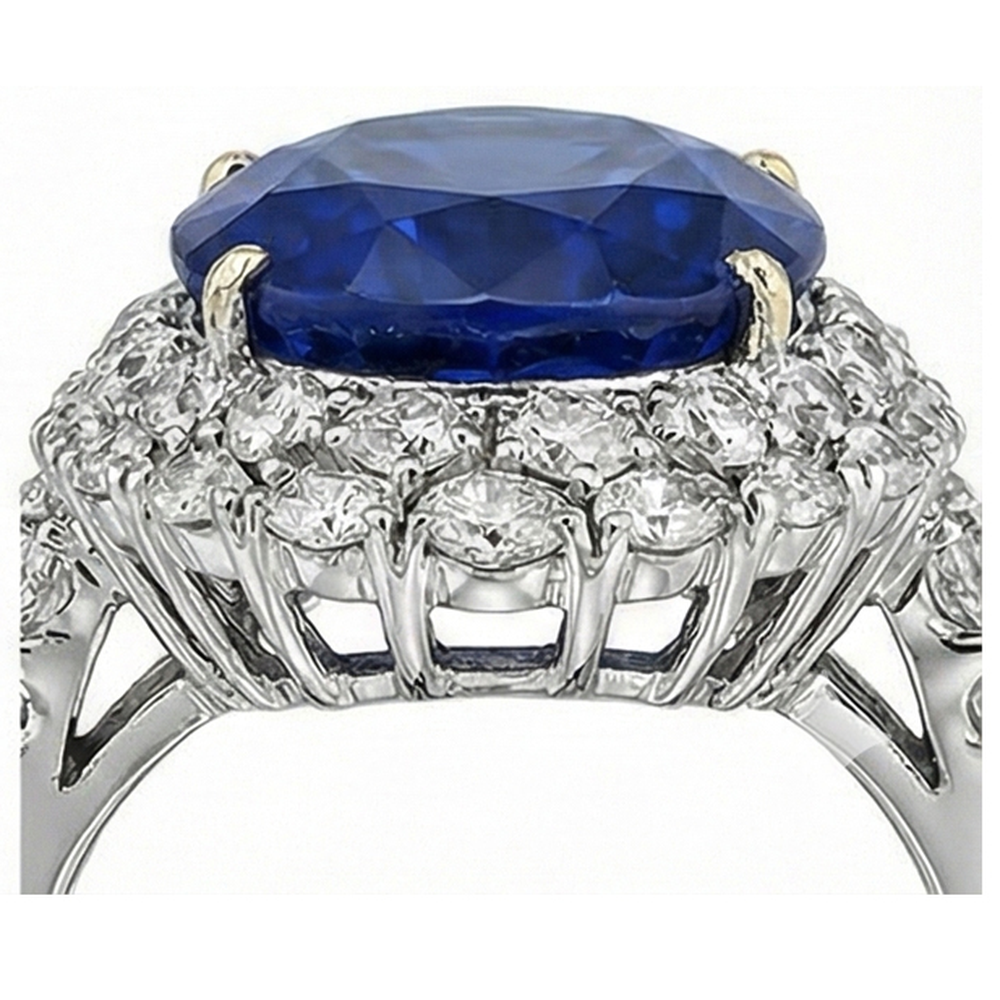 Anello ovale in oro bianco 14k con zaffiro blu dello Sri Lanka e diamanti, 7 ct