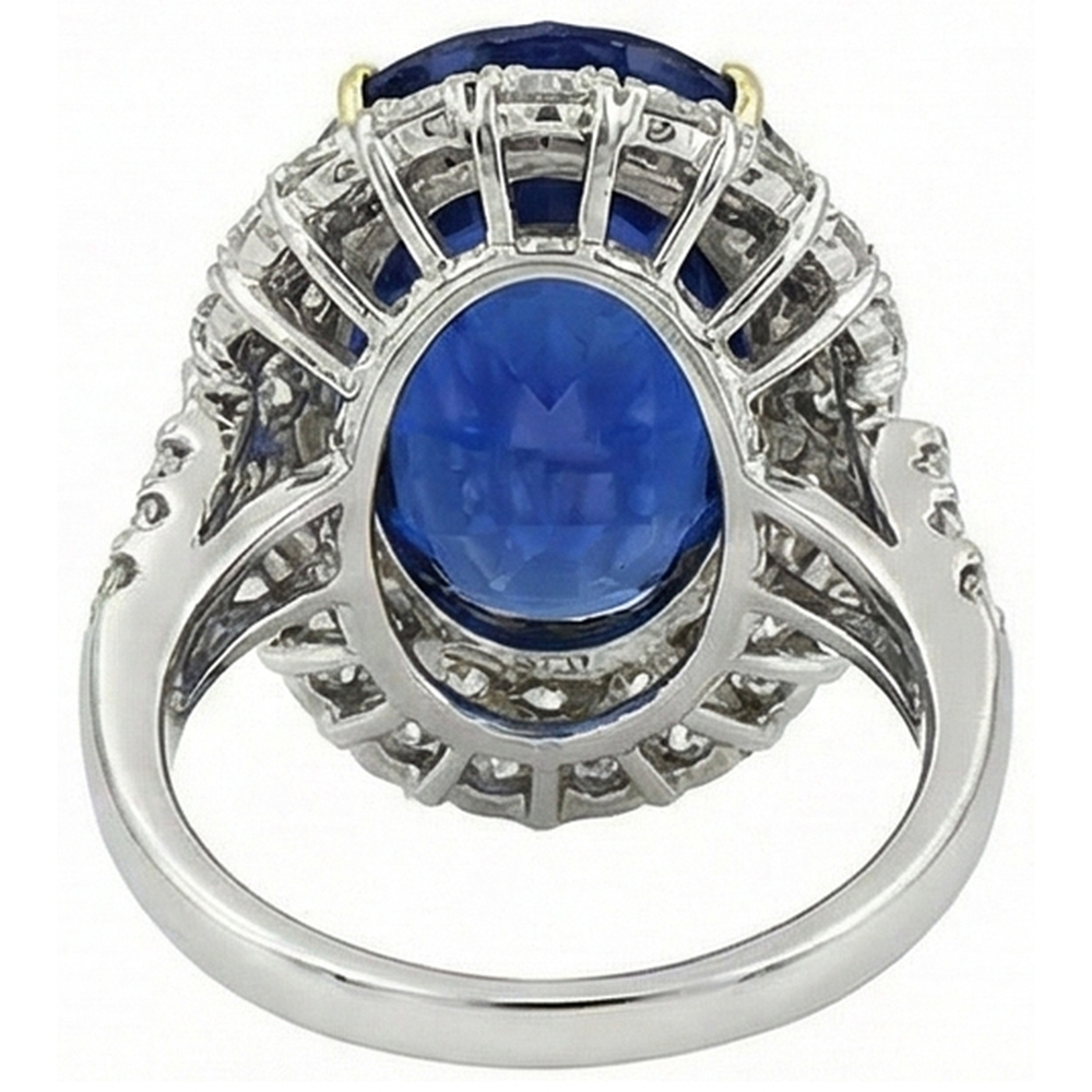 Anello ovale in oro bianco 14k con zaffiro blu dello Sri Lanka e diamanti, 7 ct