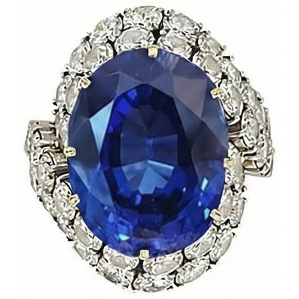 Anello ovale in oro bianco 14k con zaffiro blu dello Sri Lanka e diamanti, 7 ct