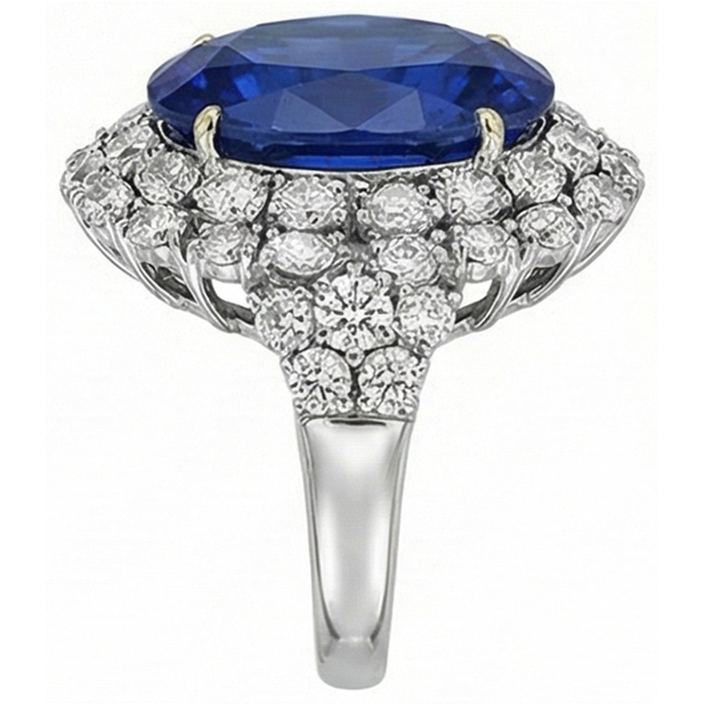 Anello ovale in oro bianco 14k con zaffiro blu dello Sri Lanka e diamanti, 7 ct