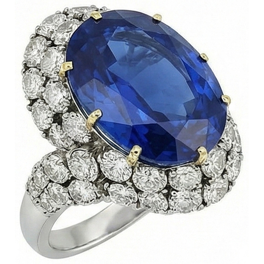 Anello ovale in oro bianco 14k con zaffiro blu dello Sri Lanka e diamanti, 7 ct