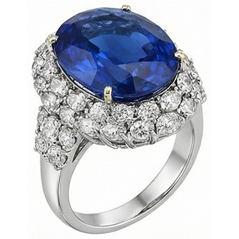 Anello ovale in oro bianco 14k con zaffiro blu dello Sri Lanka e diamanti, 7 ct