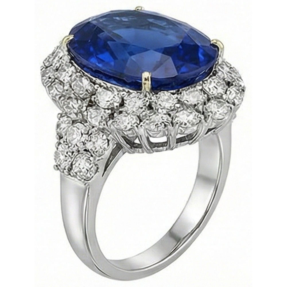 Anello ovale in oro bianco 14k con zaffiro blu dello Sri Lanka e diamanti, 7 ct