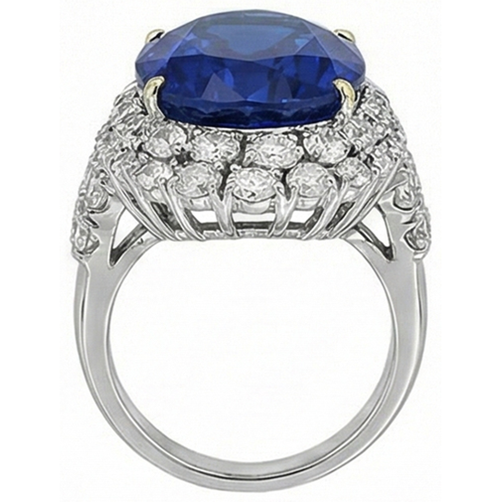 Anello ovale in oro bianco 14k con zaffiro blu dello Sri Lanka e diamanti, 7 ct