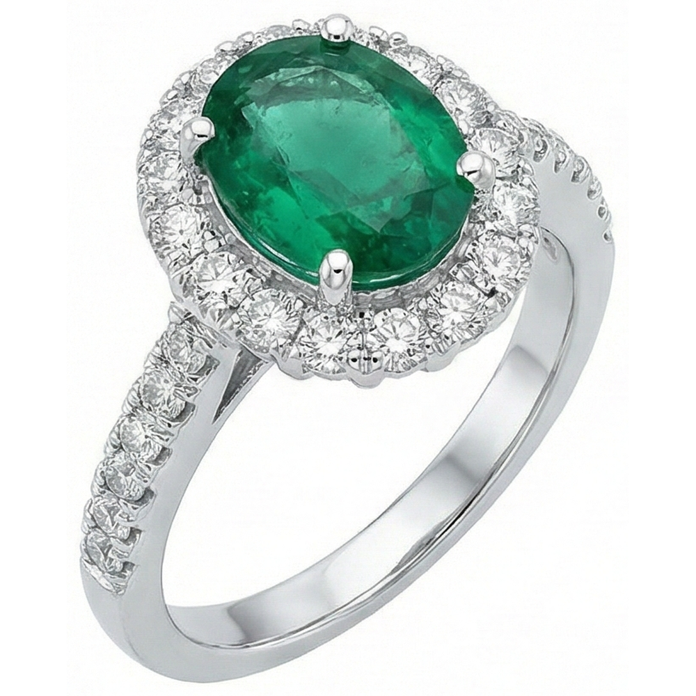 Anello ovale in pietra preziosa verde smeraldo diamante oro bianco 2,50 carati 14K