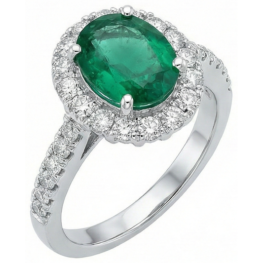 Anello ovale in pietra preziosa verde smeraldo diamante oro bianco 2,50 carati 14K