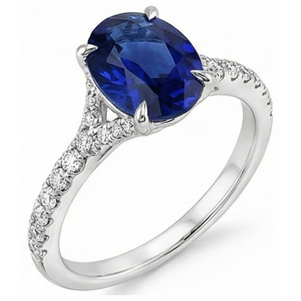 Anello ovale in pietra preziosa zaffiro blu intenso con gioielli accenti 3.75 carati