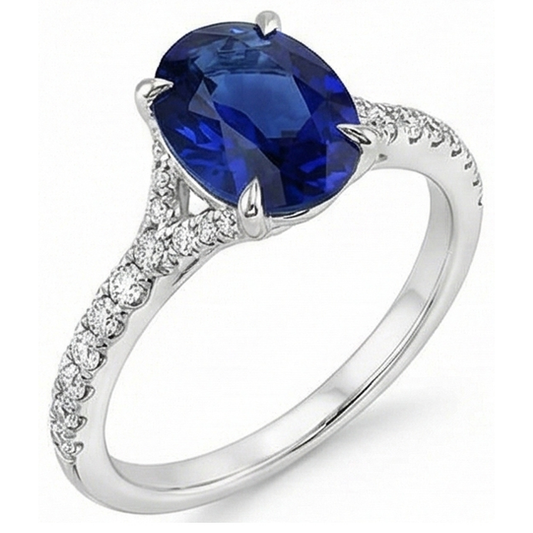 Anello ovale in pietra preziosa zaffiro blu intenso con gioielli accenti 3.75 carati