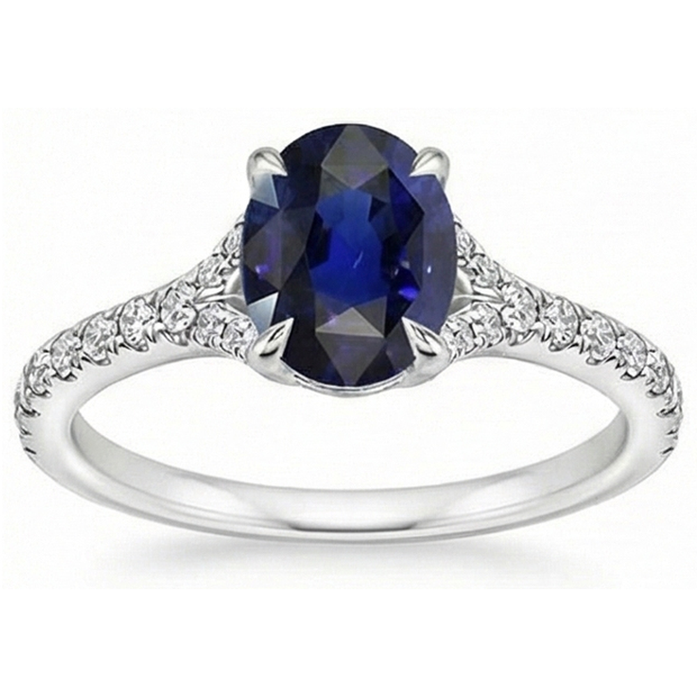 Anello ovale in pietra preziosa zaffiro blu intenso con gioielli accenti 3.75 carati