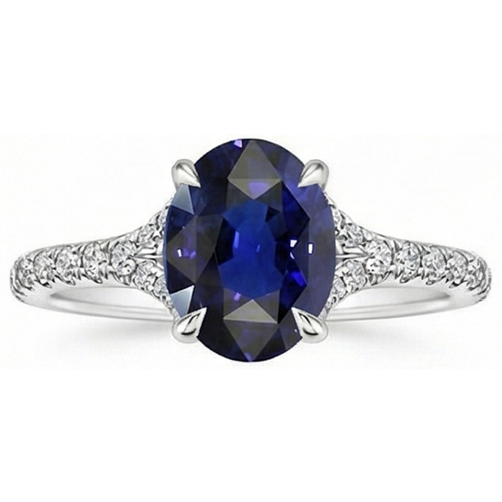 Anello ovale in pietra preziosa zaffiro blu intenso con gioielli accenti 3.75 carati