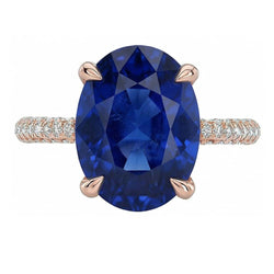 Anello ovale pietra preziosa zaffiro blu e pavé di diamanti 3.50 carati