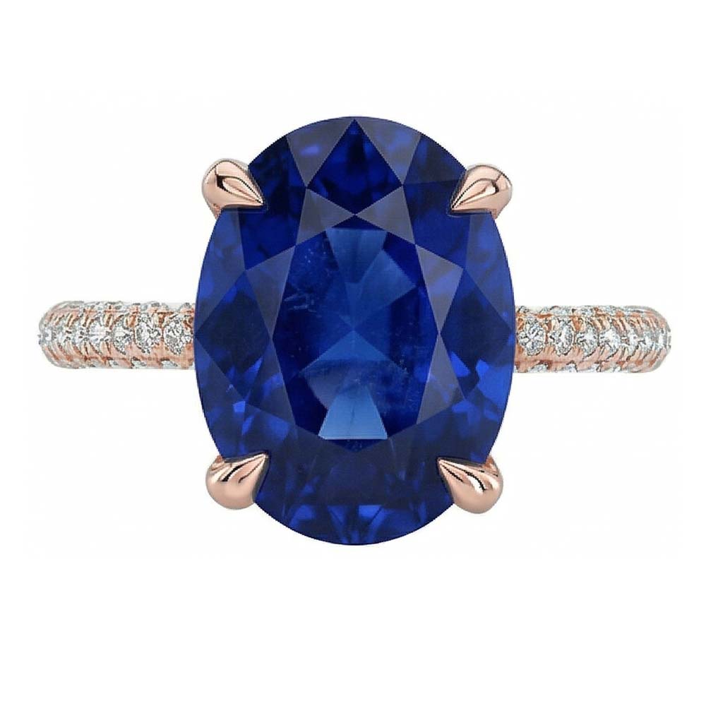 Anello ovale pietra preziosa zaffiro blu e pavé di diamanti 3.50 carati