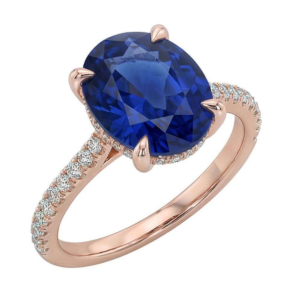 Anello ovale pietra preziosa zaffiro blu e pavé di diamanti 3.50 carati
