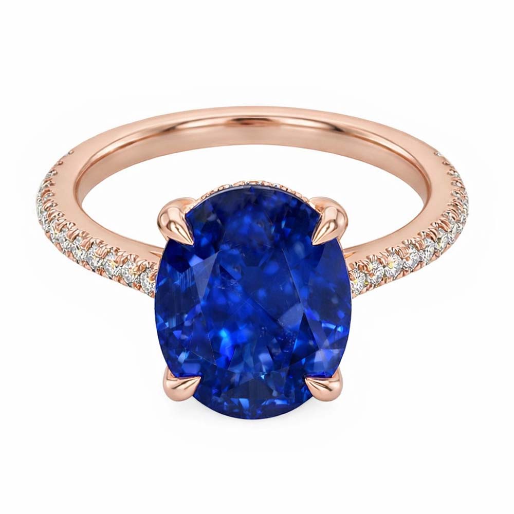 Anello ovale pietra preziosa zaffiro blu e pavé di diamanti 3.50 carati