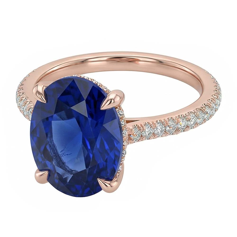 Anello ovale pietra preziosa zaffiro blu e pavé di diamanti 3.50 carati