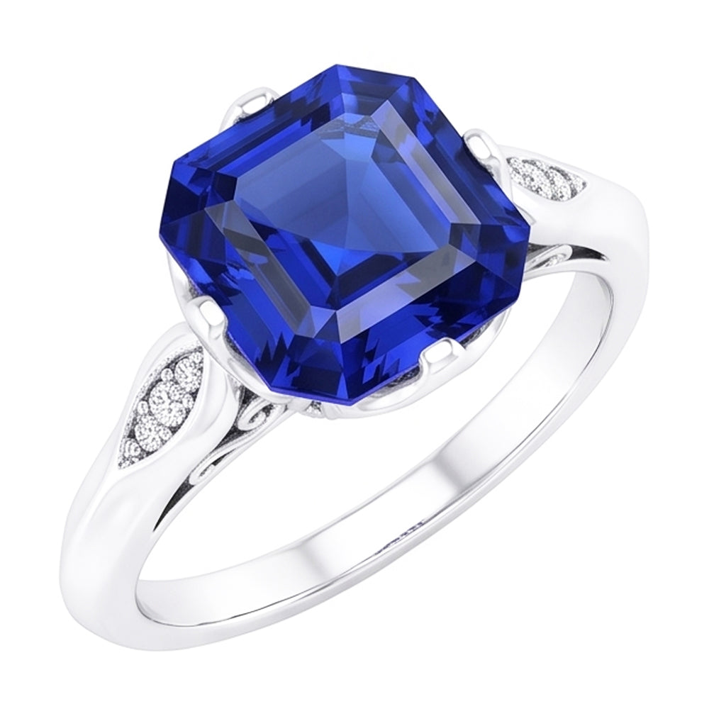 Anello per l'anniversario con zaffiro taglio Asscher da 3 carati, diamante rotondo in oro 14K