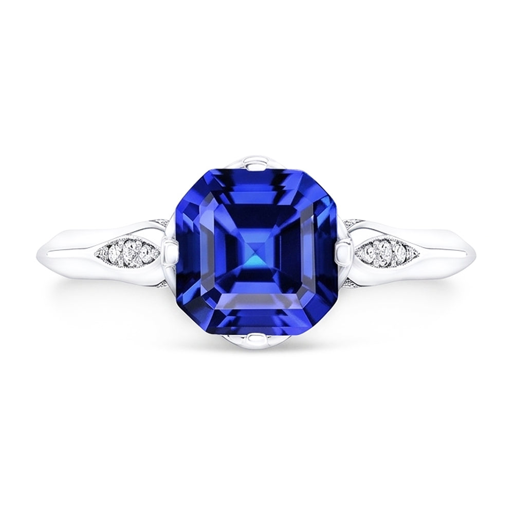 Anello per l'anniversario con zaffiro taglio Asscher da 3 carati, diamante rotondo in oro 14K