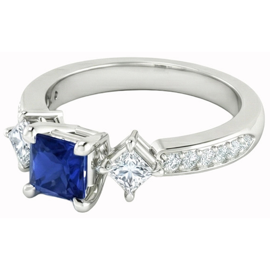 Anello principessa con diamante rotondo e zaffiro di Ceylon 2,50 carati in oro bianco 14K