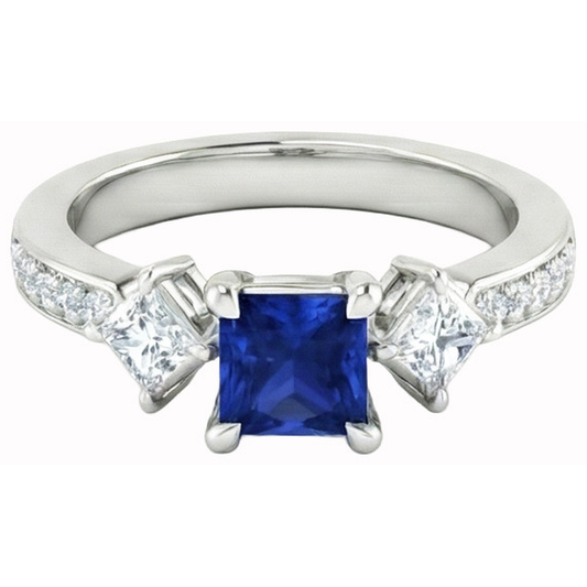 Anello principessa con diamante rotondo e zaffiro di Ceylon 2,50 carati in oro bianco 14K
