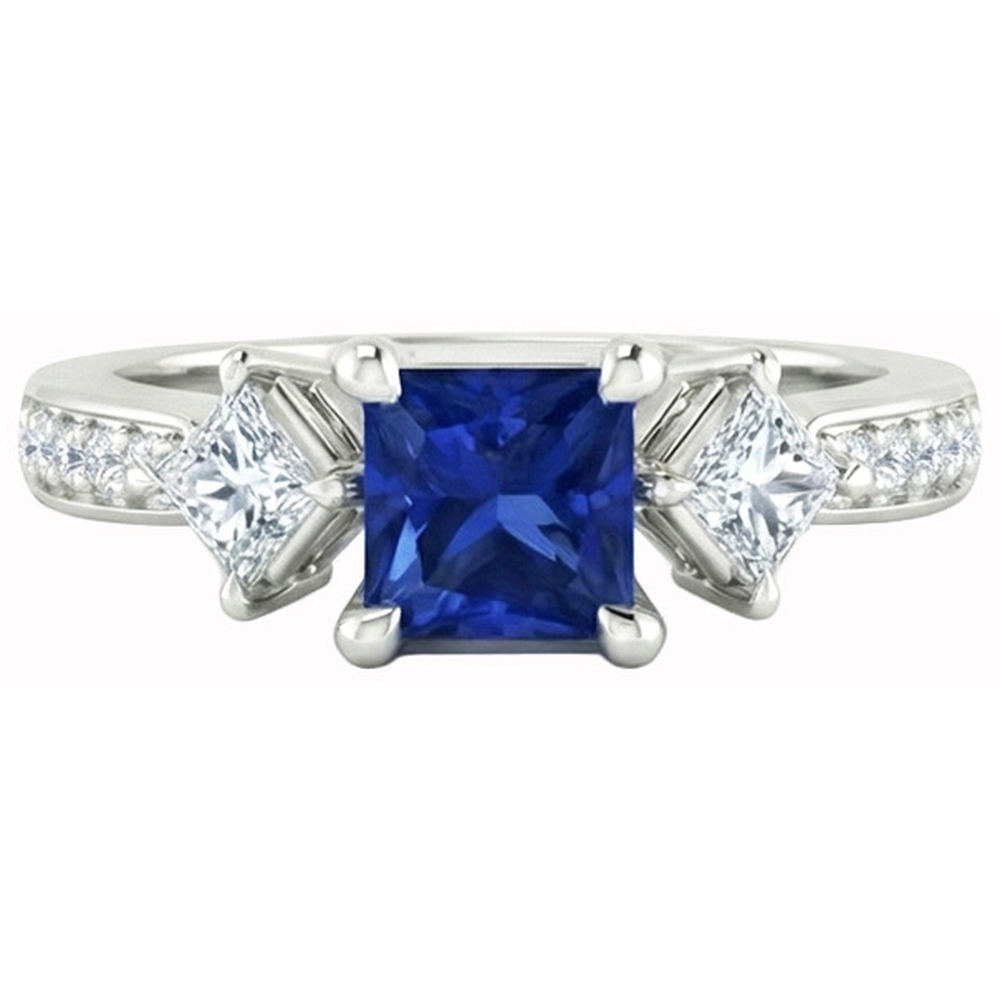 Anello principessa con diamante rotondo e zaffiro di Ceylon 2,50 carati in oro bianco 14K