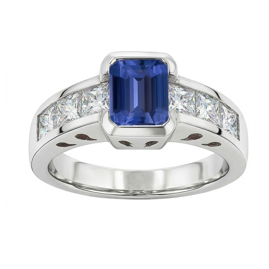 Anello principessa con diamanti. lingotto d'oro. 2.50 carati. smeraldo. zaffiro di Ceylon