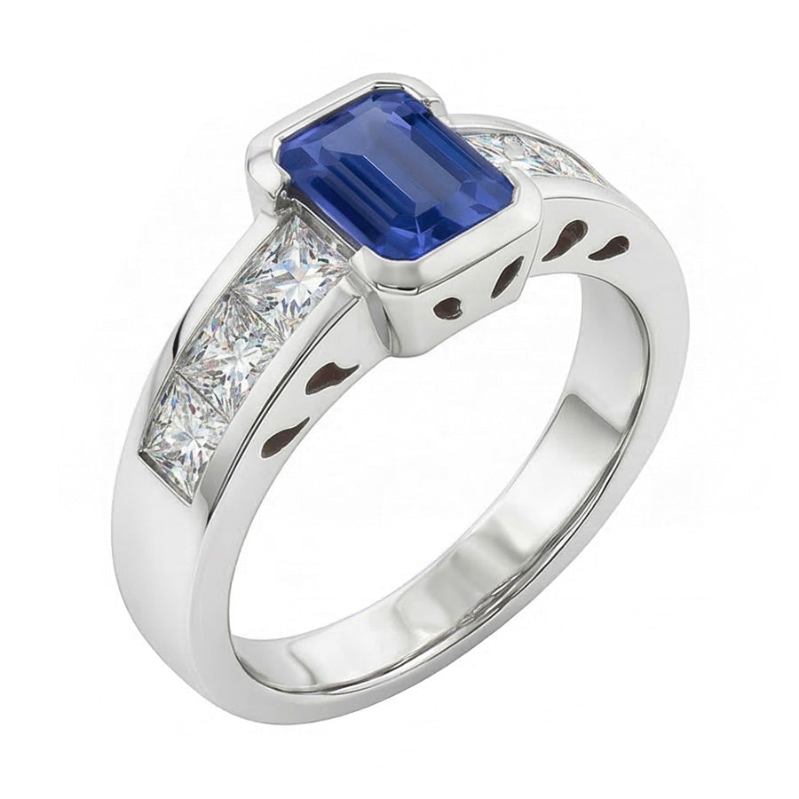 Anello principessa con diamanti. lingotto d'oro. 2.50 carati. smeraldo. zaffiro di Ceylon