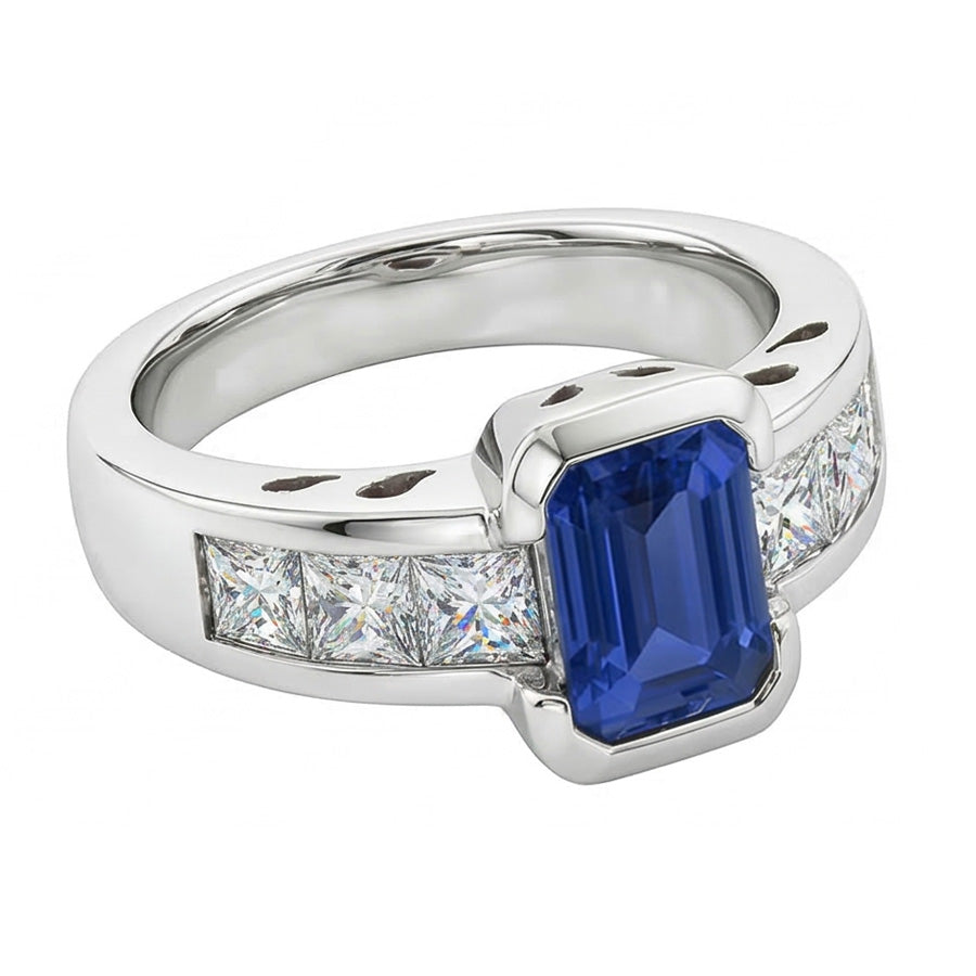 Anello principessa con diamanti. lingotto d'oro. 2.50 carati. smeraldo. zaffiro di Ceylon