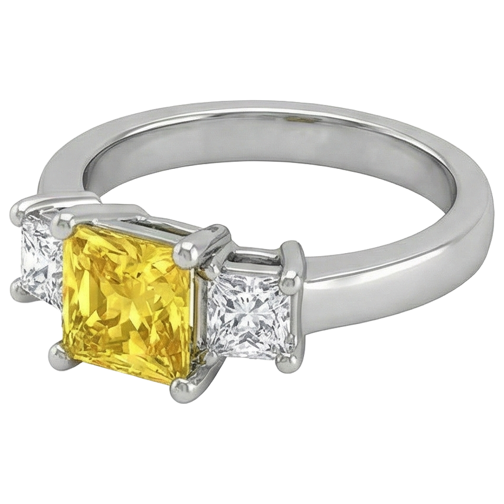 Anello principessa con zaffiro giallo diamante 5 carati 3 pietre oro bianco 14K