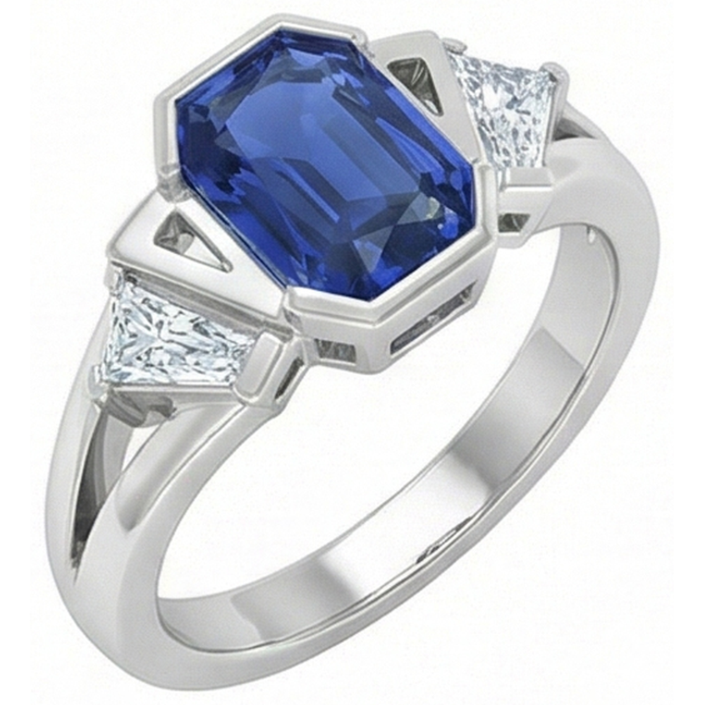 Anello radiante con 3 pietre preziose. 2.50 carati. incastonato di diamanti baguette