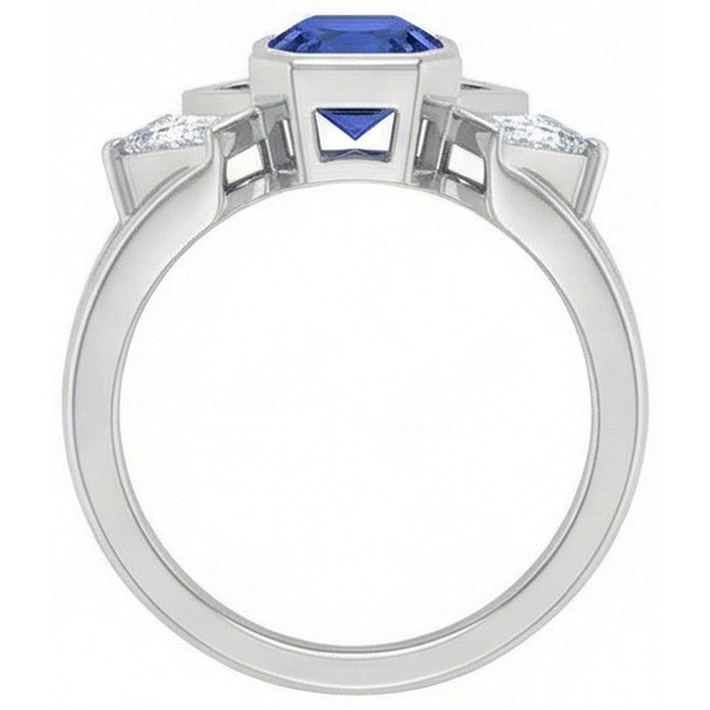 Anello radiante con 3 pietre preziose. 2.50 carati. incastonato di diamanti baguette