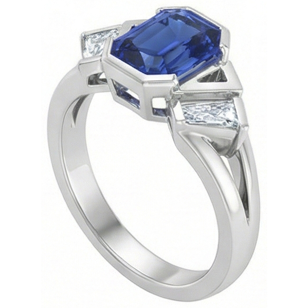 Anello radiante con 3 pietre preziose. 2.50 carati. incastonato di diamanti baguette