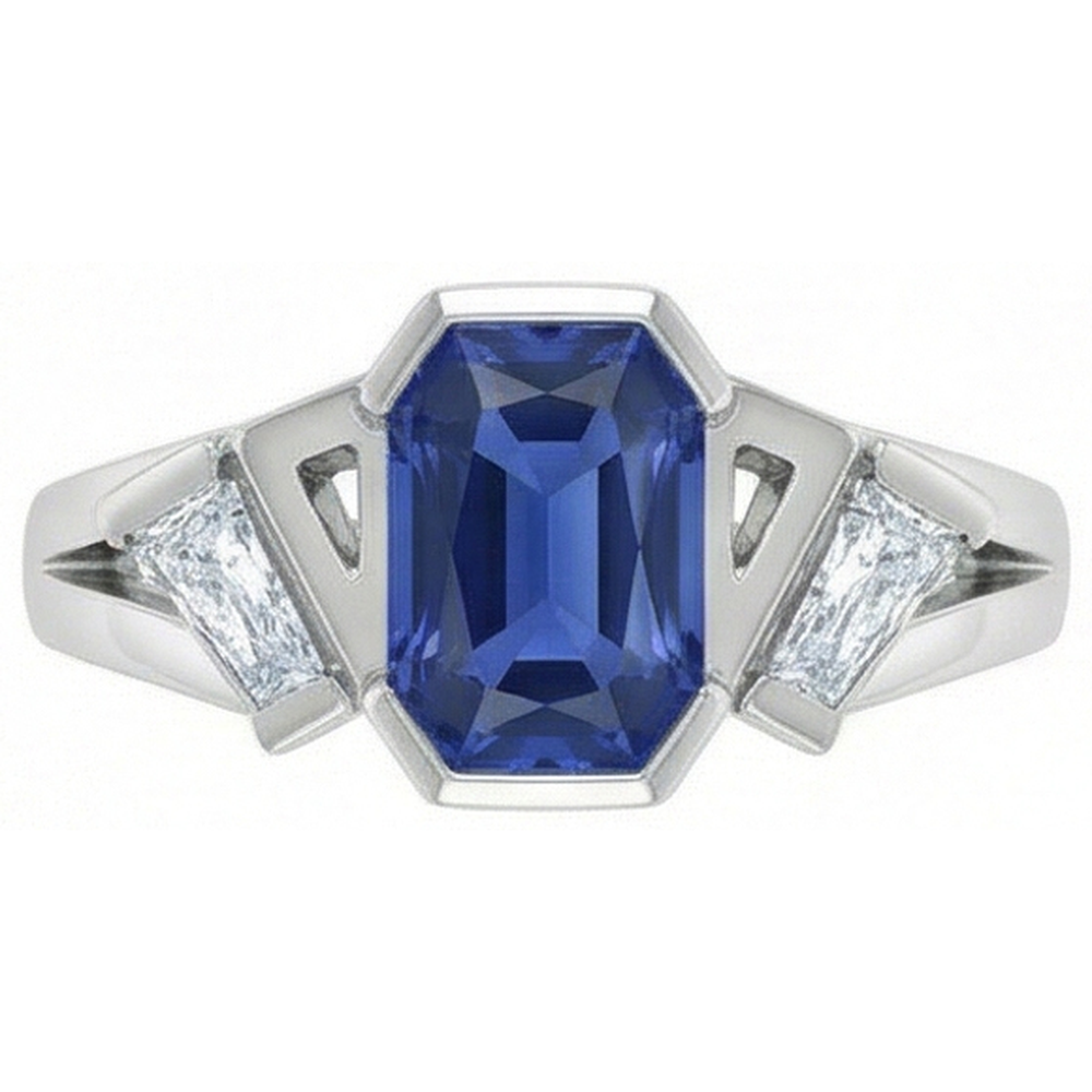 Anello radiante con 3 pietre preziose. 2.50 carati. incastonato di diamanti baguette