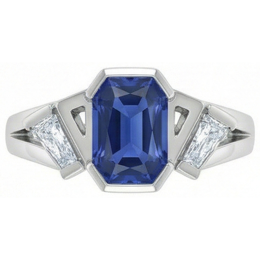 Anello radiante con 3 pietre preziose. 2.50 carati. incastonato di diamanti baguette