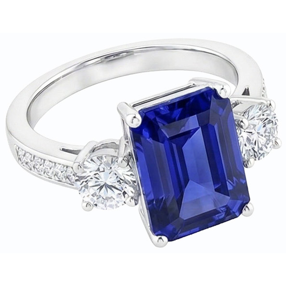 Anello radiante con 3 pietre. zaffiro blu e accenti. 6 carati. gioielli da donna