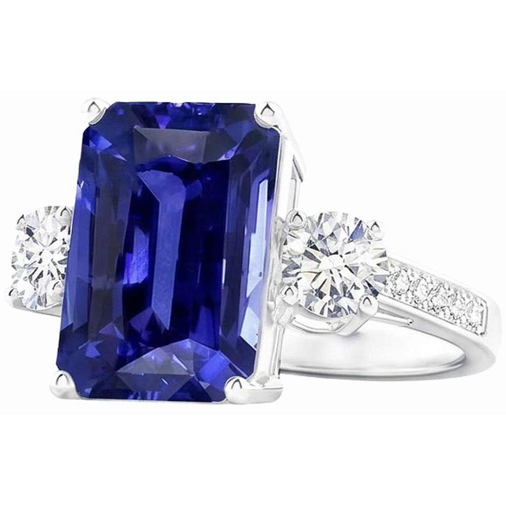Anello radiante con 3 pietre. zaffiro blu e accenti. 6 carati. gioielli da donna