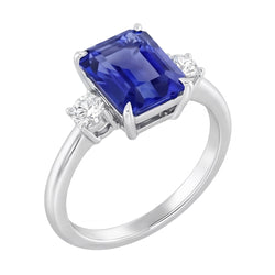 Anello radiante con 3 zaffiri blu in pietra di diamanti tondi piccoli da 1,25 carati e oro bianco 14K