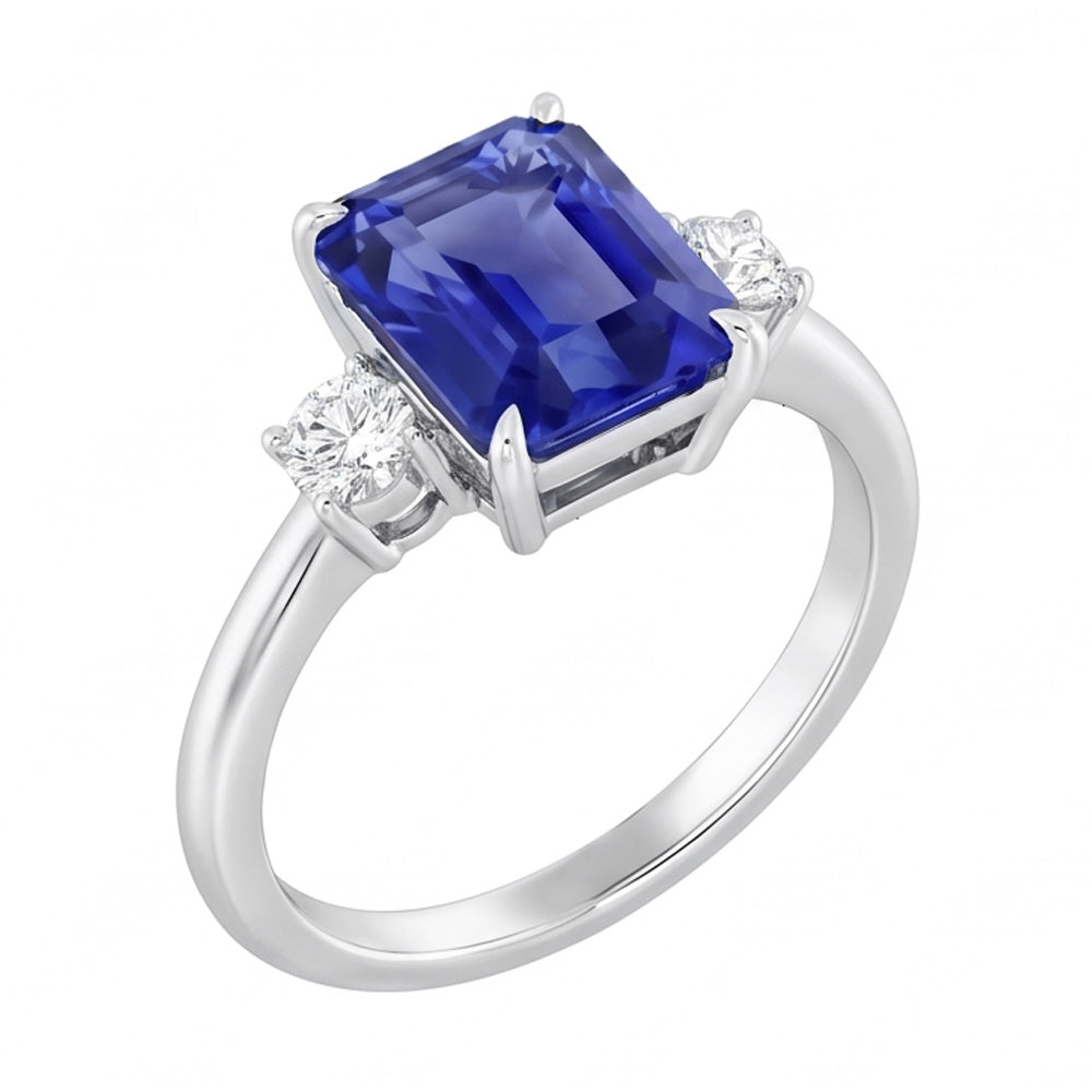 Anello radiante con 3 zaffiri blu in pietra di diamanti tondi piccoli da 1,25 carati e oro bianco 14K
