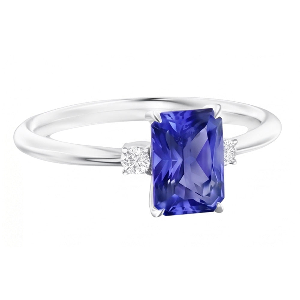 Anello radiante con 3 zaffiri blu in pietra di diamanti tondi piccoli da 1,25 carati e oro bianco 14K
