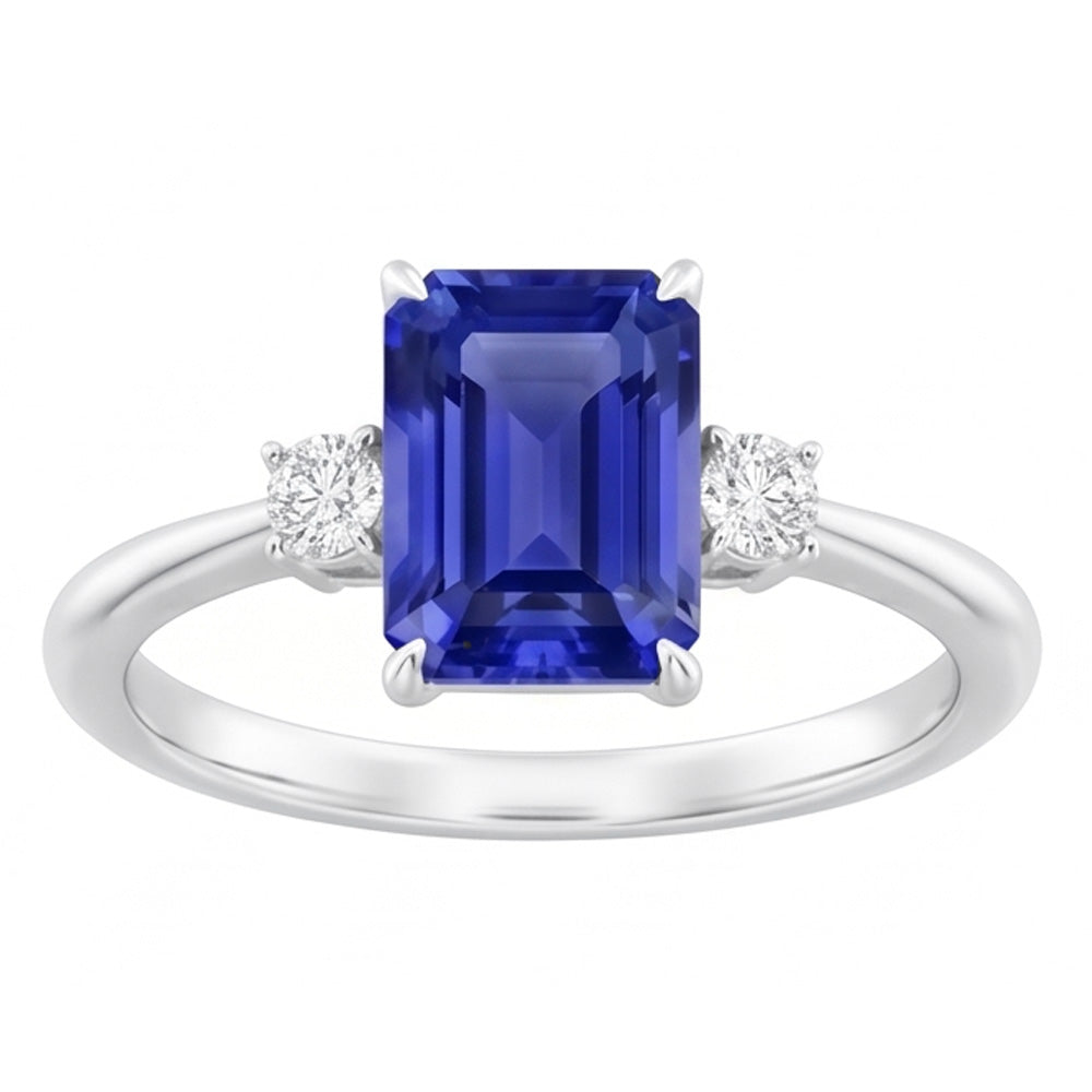 Anello radiante con 3 zaffiri blu in pietra di diamanti tondi piccoli da 1,25 carati e oro bianco 14K