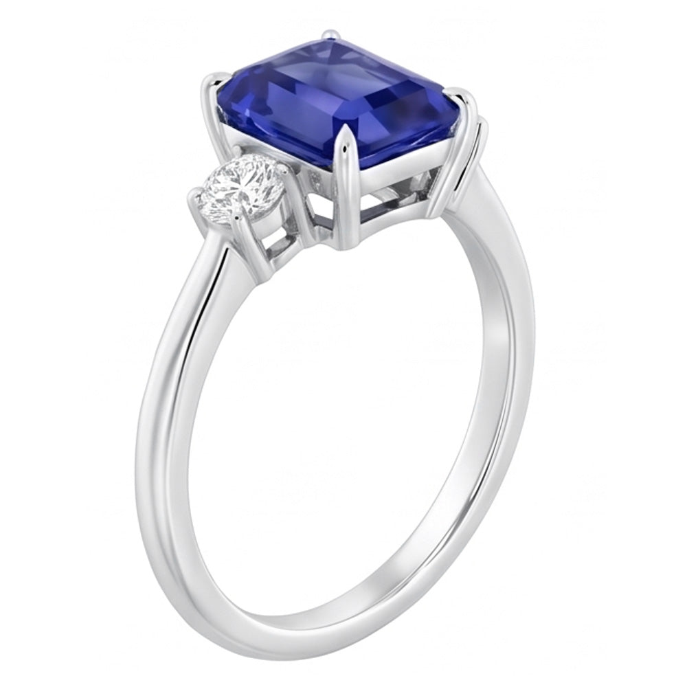 Anello radiante con 3 zaffiri blu in pietra di diamanti tondi piccoli da 1,25 carati e oro bianco 14K