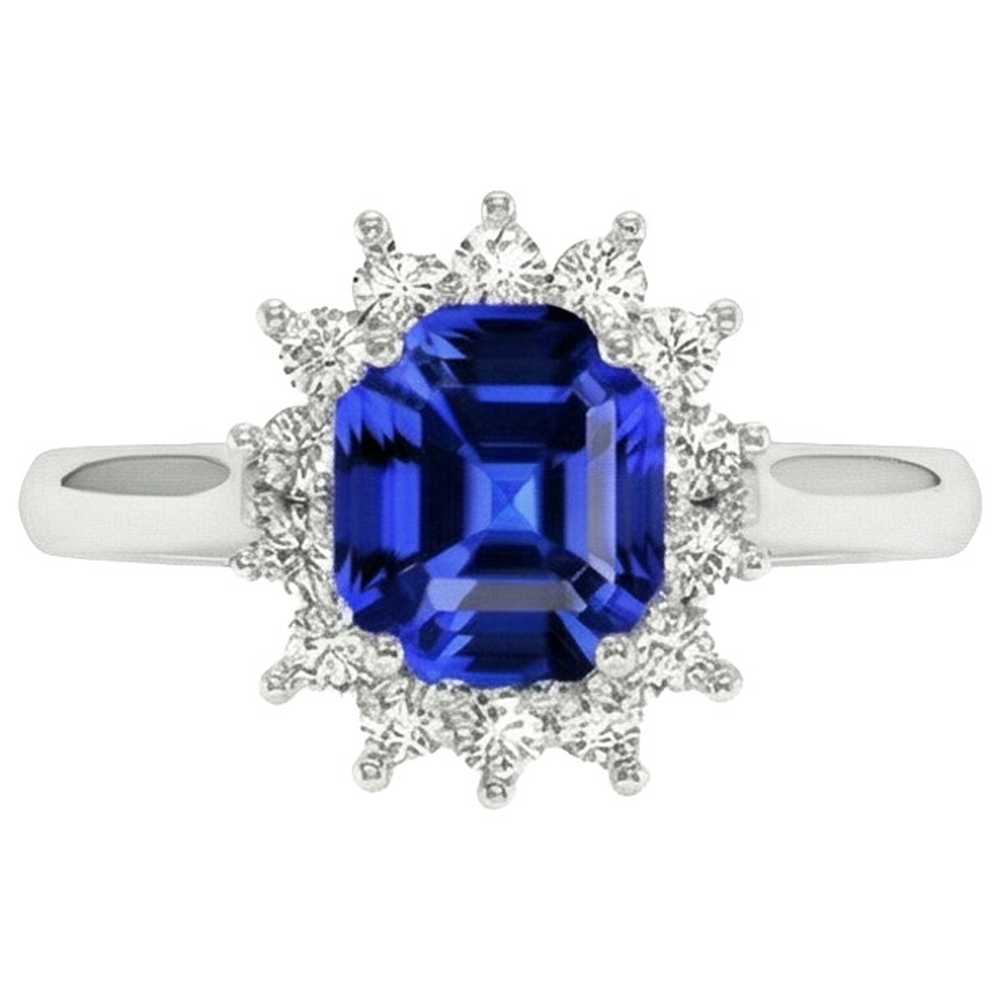 Anello rotondo Halo Diamond Asscher Cut Blue Sapphire 6.50 carati Anello in oro 14K