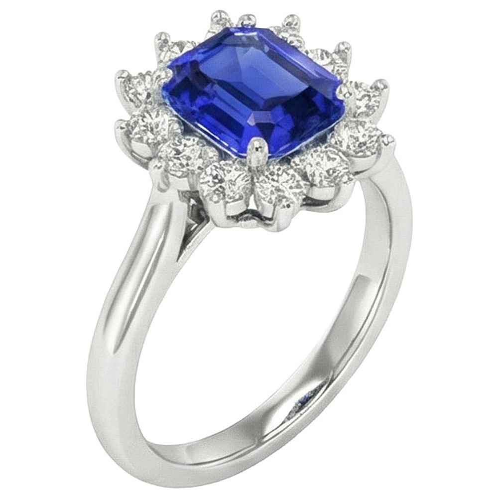 Anello rotondo Halo Diamond Asscher Cut Blue Sapphire 6.50 carati Anello in oro 14K