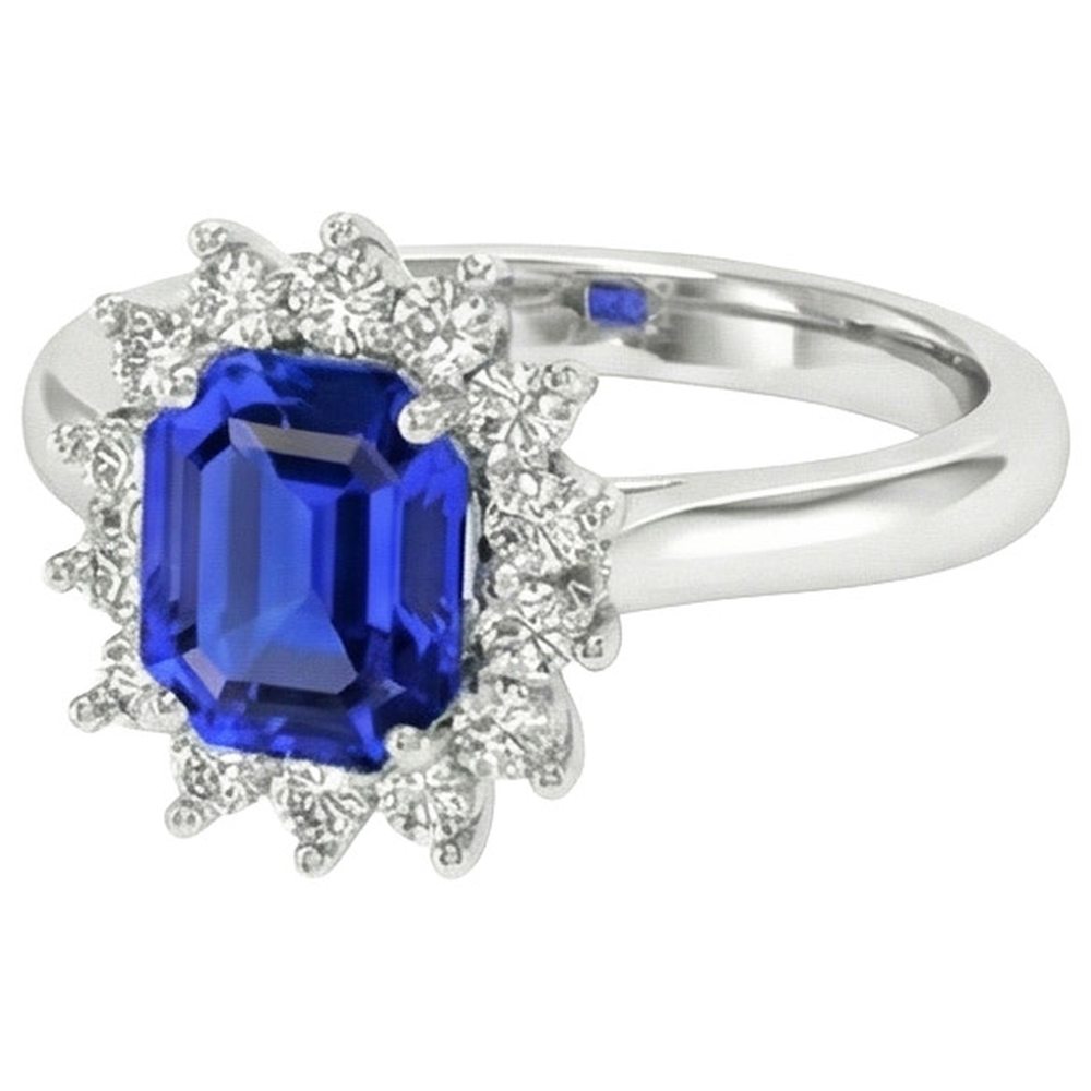 Anello rotondo Halo Diamond Asscher Cut Blue Sapphire 6.50 carati Anello in oro 14K