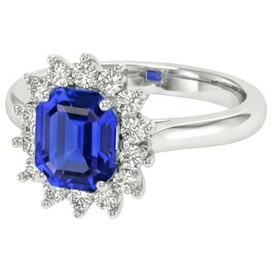 Anello rotondo Halo Diamond Asscher Cut Blue Sapphire 6.50 carati Anello in oro 14K