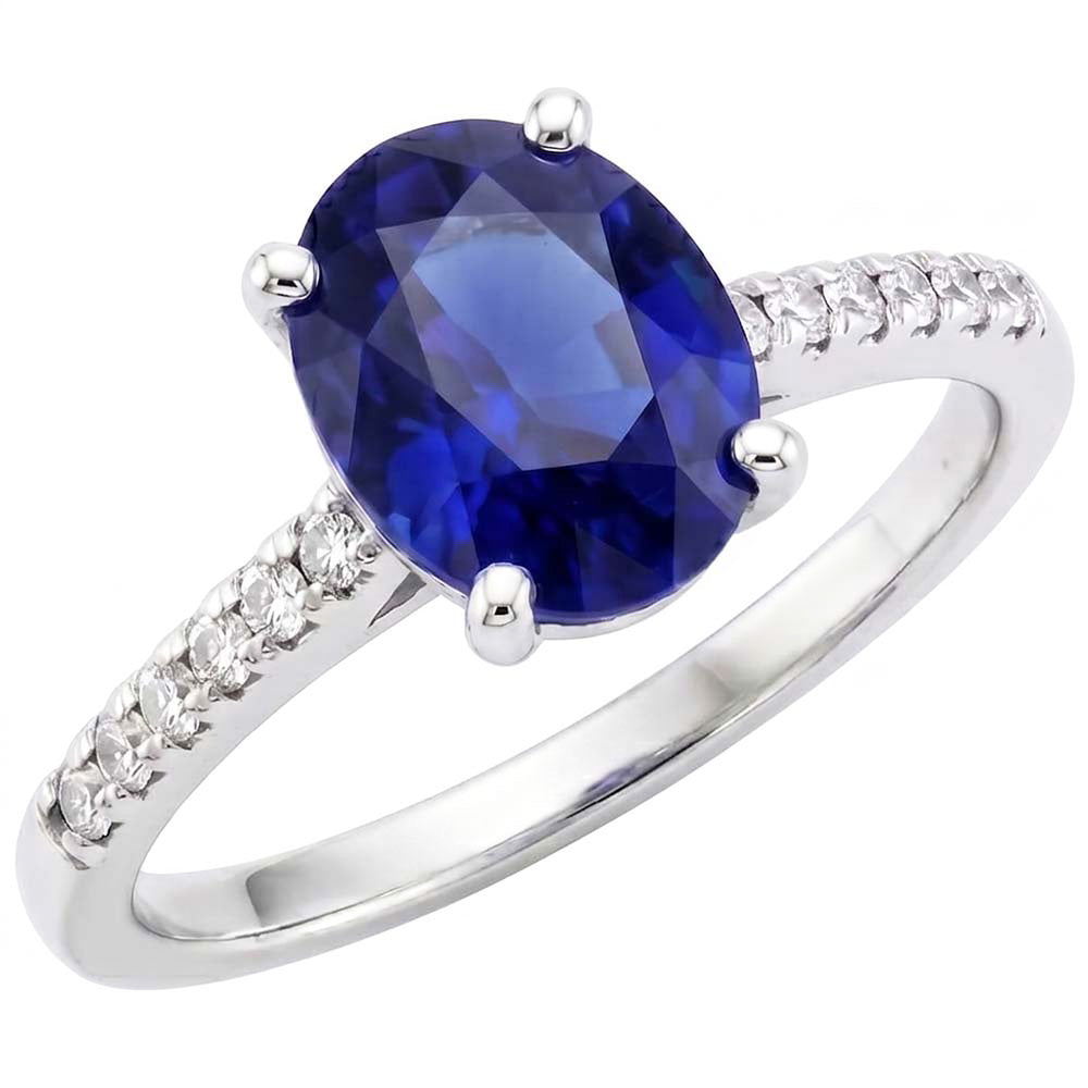 Anello rotondo con pavé di diamanti. taglio ovale. zaffiro dello Sri Lanka. 5 carati