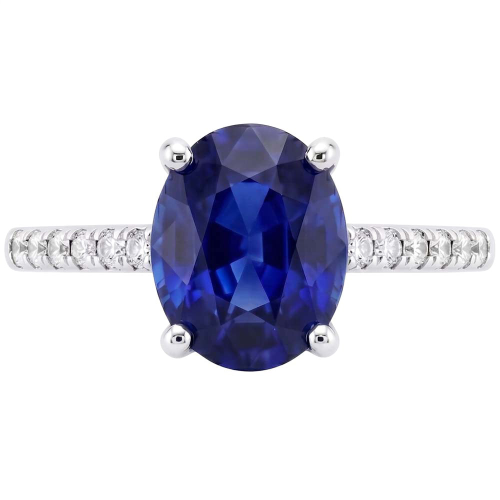 Anello rotondo con pavé di diamanti. taglio ovale. zaffiro dello Sri Lanka. 5 carati