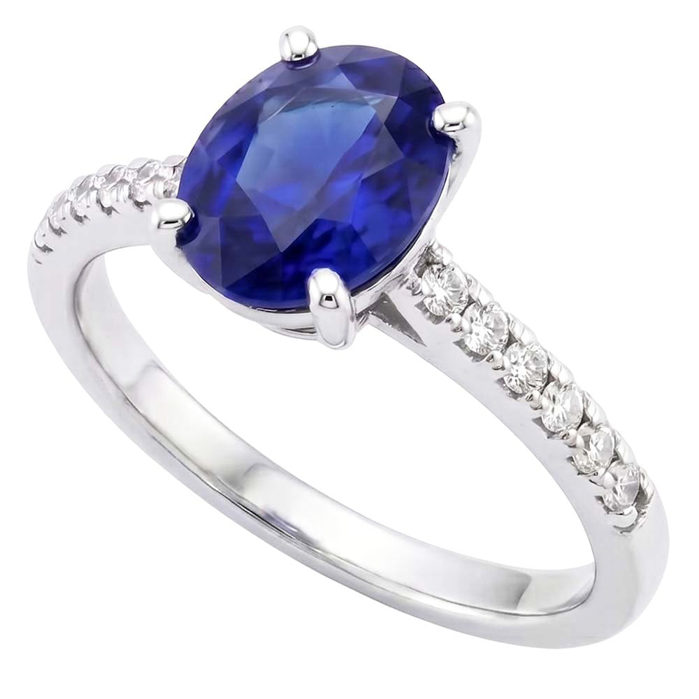Anello rotondo con pavé di diamanti. taglio ovale. zaffiro dello Sri Lanka. 5 carati
