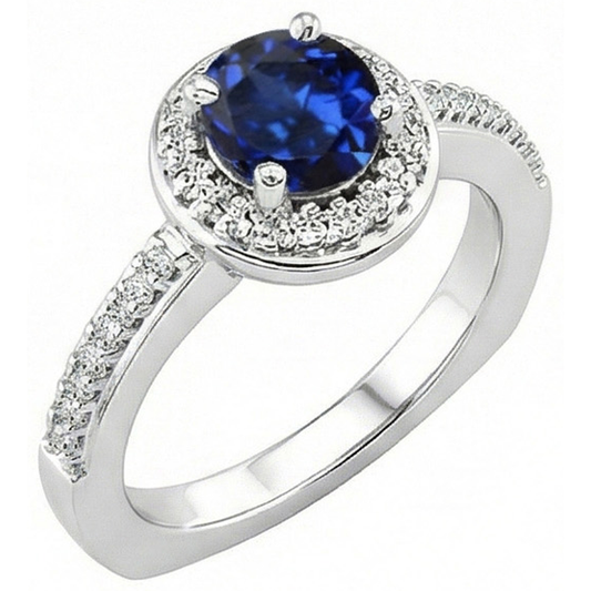 Anello rotondo con zaffiro dello Sri Lanka e diamanti, 5,75 carati, oro bianco 14K