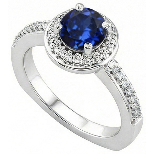 Anello rotondo con zaffiro dello Sri Lanka e diamanti, 5,75 carati, oro bianco 14K